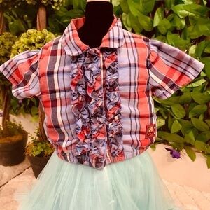 Vintage 18M Baby Sesame Street Elmo Blue Red White Plaid Ruffle Button Down